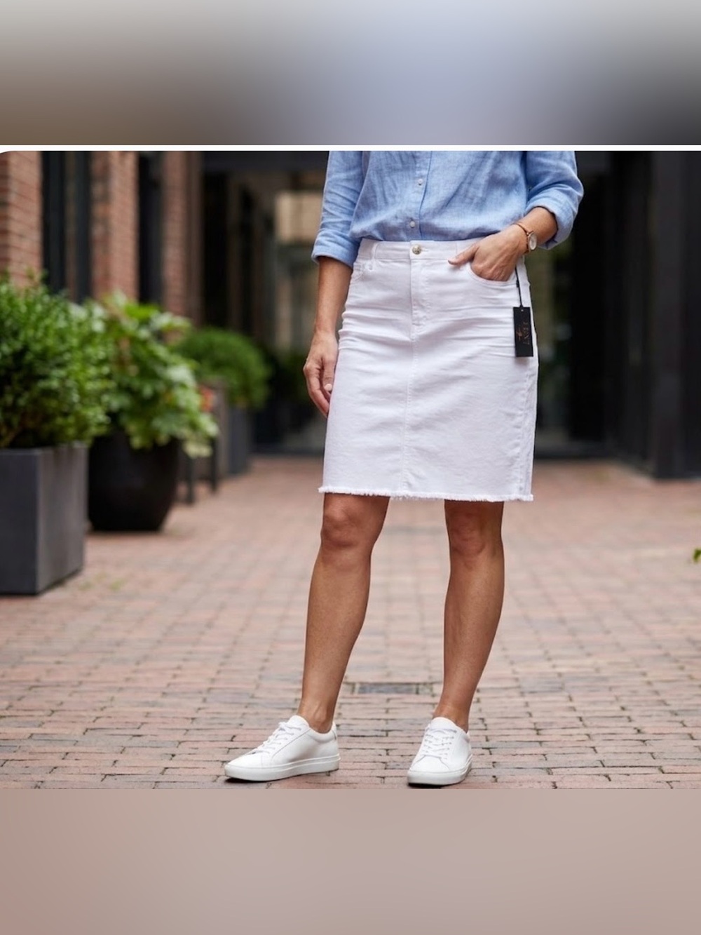 JEN7 Classic White Denim Midi Skirt with Subtle Raw Hem